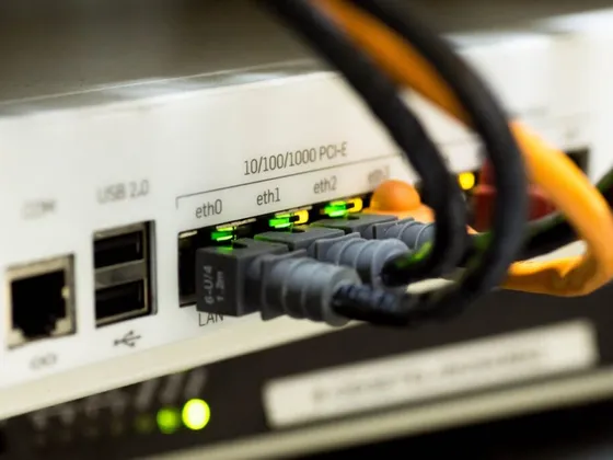 Close-up of ethernet cables connected to a network router's LAN ports