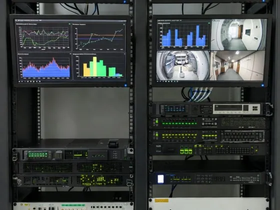 Security monitoring station displaying live camera feeds and system status screens